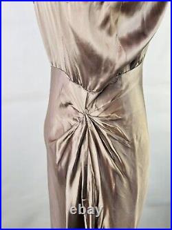 VTG 1930s Art Deco Womens Small Liquid Satin Lace Flowy Slip Dress Brown