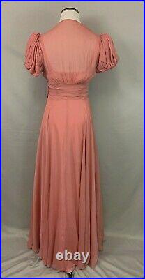VTG 1930s Dusty Pink Chiffon Gown Formal Dress & Slip Ruched Bodice B36