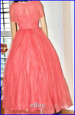 VTG 1940s 50s Salmon Pink Sheer Net Dress 2 PcProm Party Gown & Slip XS S