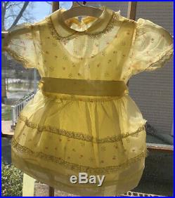 VTG 1950/60s Miss Penny Sheer YellOw Baby Dress Sz 2 Flocked Tulle lace Slip 2pc