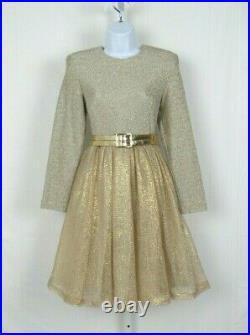 VTG 1950s PAUL PARNIS GOLDEN GLITTER DRESS & BELT SIZE 10 CRINOLINE SLIP LINED