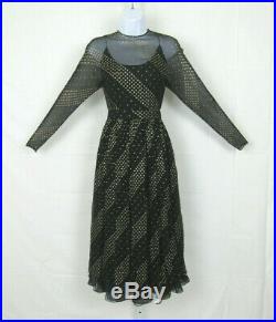 VTG 1960s 70s RUBEN PANIS BLACK CHIFFON DRESS & SLIP GOLDEN METALLIC ACCENTS