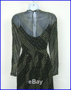 VTG 1960s 70s RUBEN PANIS BLACK CHIFFON DRESS & SLIP GOLDEN METALLIC ACCENTS