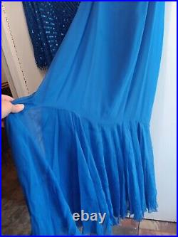 VTG 1980's Oleg Cassini 2 Piece Evening Dress Beaded Sequin Silk Blue Sz 16 NOS