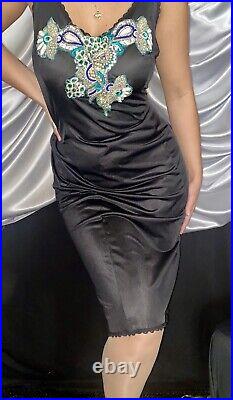 VTG 2x Nylon Beaded Rhinestones Glam Dress Slip Negligee Nightgown Gown BLK GRN