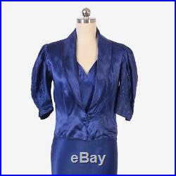 VTG 30s Blue Satin EVENING GOWN Bias Cut Slip Dress with Puff Sleeve Bolero JKT