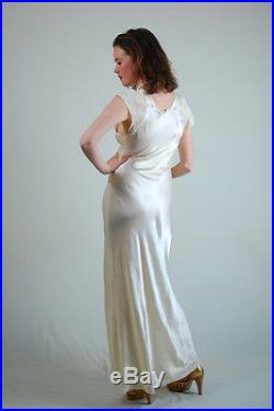 VTG 30s Ecru Delicate Draped GODFRIED Wedding Lace Maxi Slip Dress XS S