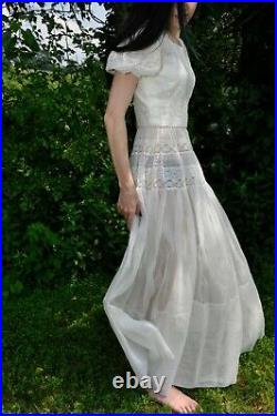 VTG 30s Ivory White Organza Dress Matching Half Slip Lace Inserts Puff Sleeve XS