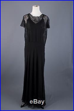 VTG 30s Women's Sheer Black Maxi Lace Chiffon Dress and Silk Slip 1930s #1127