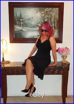 VTG 36/38 Van Raalte Opaquelon Black Feminine Nylon Lace Pleat Full Dress Slip
