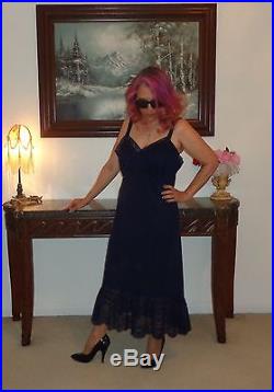 VTG 40/42 Van Raalte Opaquelon Navy Blue Feminine Nylon Lace Full Dress Slip
