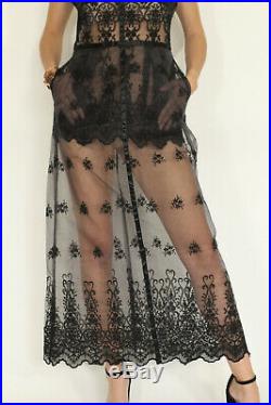 VTG 40's Black CHANTILLY Burnt Velvet FLORAL LACE Party Flapper Slip Dress xs/s