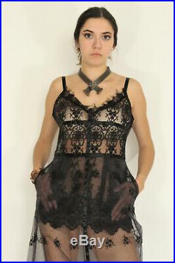 VTG 40's Black CHANTILLY Burnt Velvet FLORAL LACE Party Flapper Slip Dress xs/s