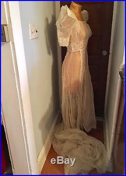 VTG 40's Sheer Net Wedding Gown Dress w Lace Puff Shoulders Train & Satin Slip