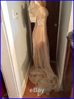 VTG 40's Sheer Net Wedding Gown Dress w Lace Puff Shoulders Train & Satin Slip