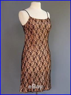 VTG 50s 60s Black Chantilly Lace Nude Illusion Betty Page Pin Up Slip Dress M