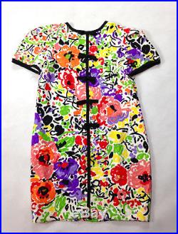 VTG 70s Iconic Oscar de la Renta Colorful Floral Mod Cap Slv Silk Slip Dress 8 M