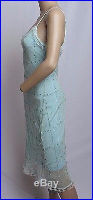 VTG 90's Betsey Johnson Baby Blue Embroidered Floral Beaded Fringe Slip Dress