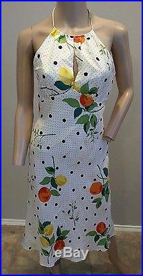 VTG 90's Laundry Shelli Segal Polka Dot Retro Fruit Print Halter Silk Slip Dress