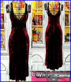 VTG 90s Betsey Johnson Dress Red Crush VELVET Lace Midi Slip Evening P S 2 4 6