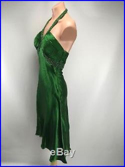 VTG 90s CACHE Sexy 100% Silk Green Halter Slinky Slip Sexy Gown Dress USA 4