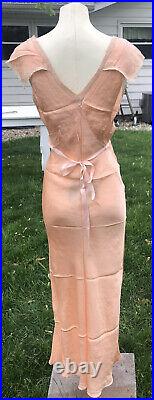 VTG Antique Silk Dress Nightie Long Slip 32x32x36 USA Gatsby Peach Lace 1920s