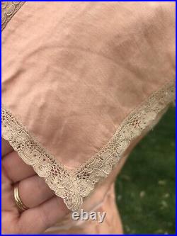 VTG Antique Silk Dress Nightie Long Slip 32x32x36 USA Gatsby Peach Lace 1920s