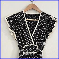 VTG BETSEY JOHNSON 100% Silk Black Polka Dot Flutter Sleeve Pintuck Twee Dress 4