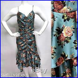VTG BETSEY JOHNSON 90s 00s RETRO Silk ROSE PRINT Wiggle Slip Dress XS S 4 6 HOT