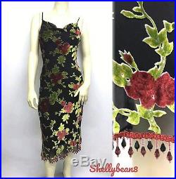 VTG BETSEY JOHNSON 90s Rayon Silk VELVET ROSES PinUp Slip Dress BEADED Hem S 4 6