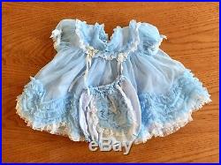 VTG Baby Girl Toddler Dress Sheer Blue Nylon Ruffles & Lace, Slip & Diaper Cover