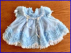 VTG Baby Girl Toddler Dress Sheer Blue Nylon Ruffles & Lace, Slip & Diaper Cover