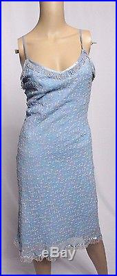 VTG Betsey Johnson NY Pastel Embroidered Floral Beaded Fringe Silk SLip Dress S