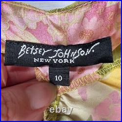 VTG Betsey Johnson Satin Ruched Ruffle Slip Dress Silk Midi Chartreuse Pink 10