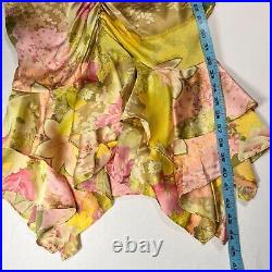 VTG Betsey Johnson Satin Ruched Ruffle Slip Dress Silk Midi Chartreuse Pink 10