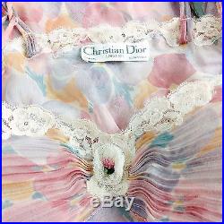 VTG Christian Dior SHEER PANSY Long Slip XS S Floral Lace Trim DRESS Pink Pastel