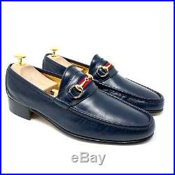 VTG GUCCI Men's US Sz 9.5 Blue Leather Gold Horsebit Slip On Dress Luxury Loafer