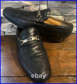 VTG GUCCI Mens Brass Bit Black Leather Slip On Loafers Sz. 10.5 45.5 Euro