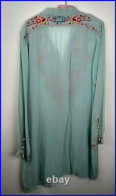 VTG Johnny Was Sheer Blue Embroidered Rayon Sleeveless Tunic Shirtdress Slip L