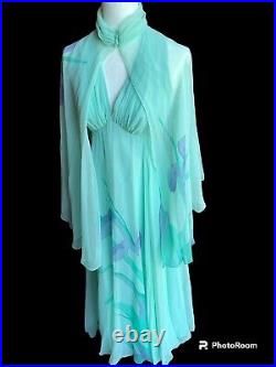 VTG LILLIE RUBIN Teal Green Silk Chiffon Flower Long Gown Dress 2 Pc Hyacinth