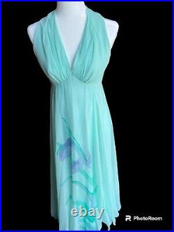 VTG LILLIE RUBIN Teal Green Silk Chiffon Flower Long Gown Dress 2 Pc Hyacinth