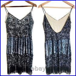 VTG NAEEM KHAN RIAZEE 100% Silk Embellished Beaded Black Fringe Slip Dress Sz 10