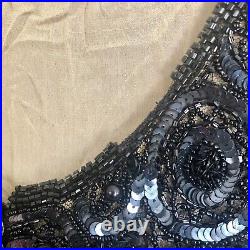VTG NAEEM KHAN RIAZEE 100% Silk Embellished Beaded Black Fringe Slip Dress Sz 10