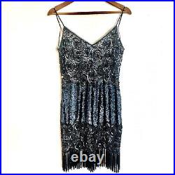 VTG NAEEM KHAN RIAZEE Silk Embellished Fringe Backless Flapper Art Deco Dress 10