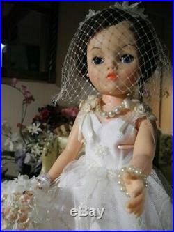VTG UNEEDA Bride Doll Brunette Bob Ornate Lace Embroidery Dress Slip Veil Pearls