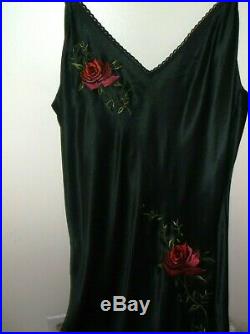 VTG Victoria Secret LARGE Black Red Embroidered Roses Long SILK Slip Gown Dress