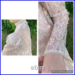 Victorian 70s NWT Sheer Lace Slip Dress Cottagecore Romantic High Neck 4-6 Vtg