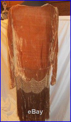 Vintage 1920 Velvet fringe flapper dress diamond waist accents w slip liner lace