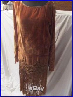 Vintage 1920 Velvet fringe flapper dress diamond waist accents w slip liner lace