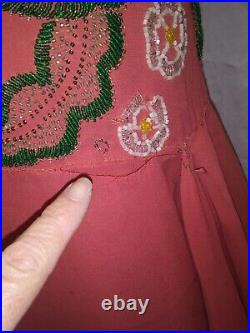 Vintage 1920's Art Deco Dark Salmon Rayon Beaded Flapper Dress & Slip S
